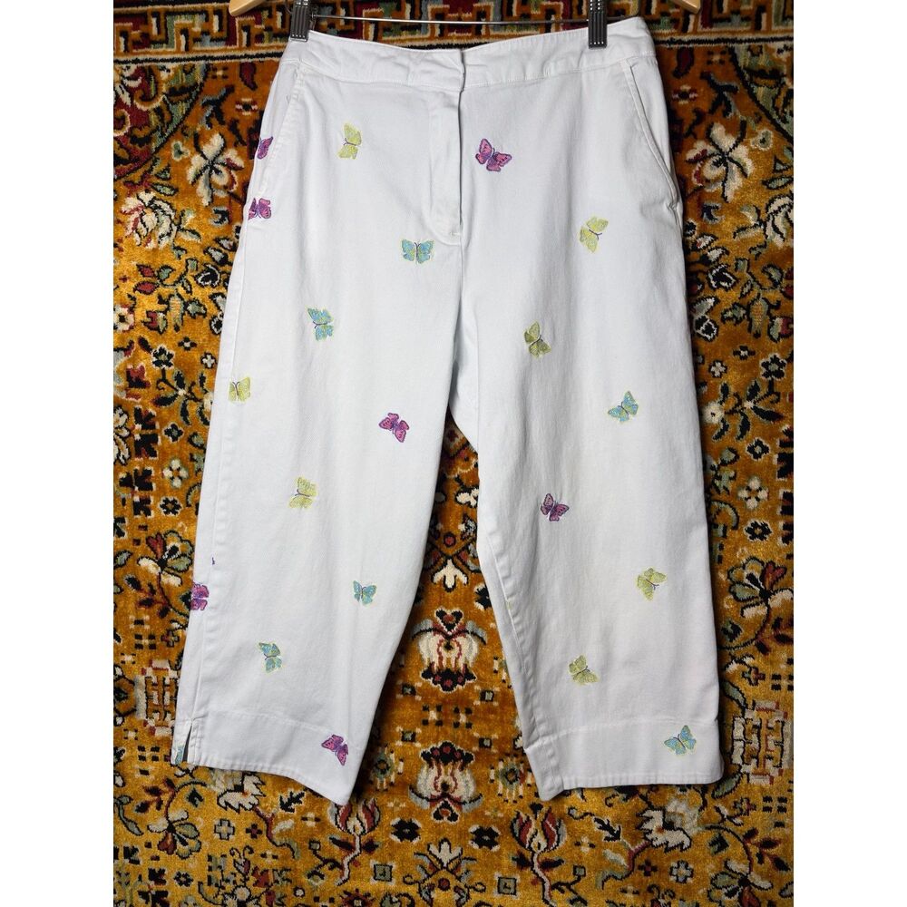 y2K White Capri Pants with Multicolor Butterfly Embroidery Briggs NY Size 10